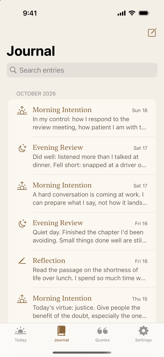 The Journal screen, listing morning intentions, evening reviews and reflections